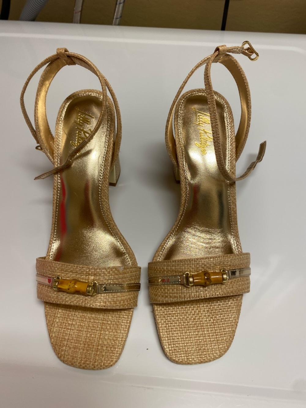 Lilly Pulitzer Metallic Gold Braided Strap Block Heel Sandals